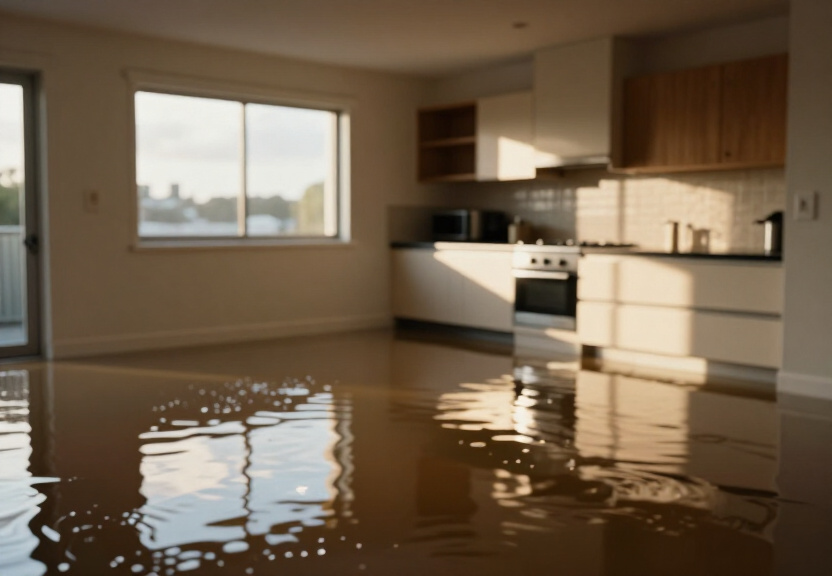Flooded office in Birrong before drying